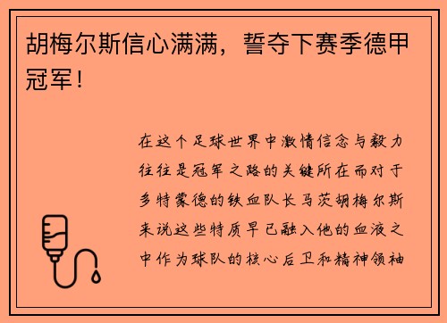 胡梅尔斯信心满满，誓夺下赛季德甲冠军！