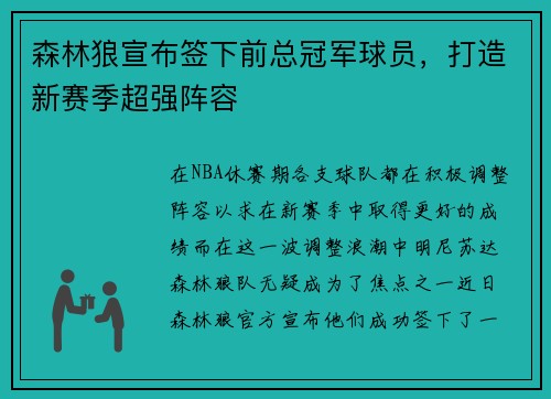 森林狼宣布签下前总冠军球员，打造新赛季超强阵容