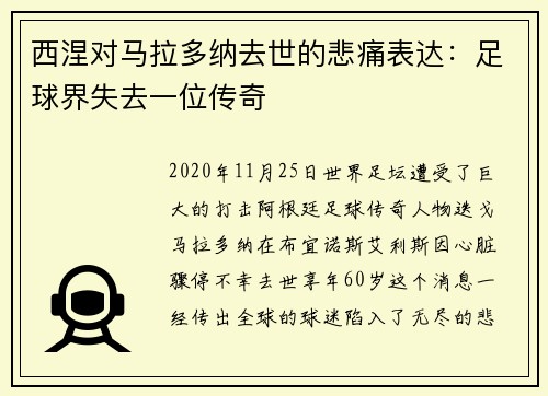 西涅对马拉多纳去世的悲痛表达：足球界失去一位传奇