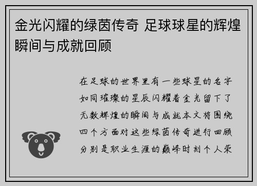 金光闪耀的绿茵传奇 足球球星的辉煌瞬间与成就回顾