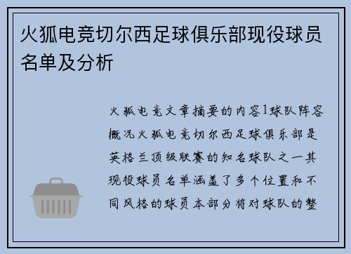 火狐电竞切尔西足球俱乐部现役球员名单及分析